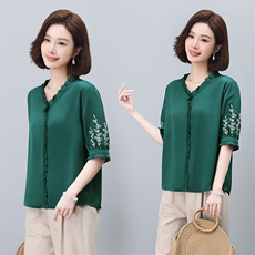 优雅气质蕾丝花边上衣女夏季新款V领刺绣雪纺衫宽松显瘦百搭衬衫，女装蕾丝衫/雪纺衫，依恋蒂丝