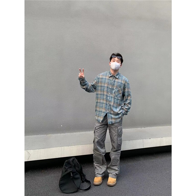 C05-P31美式Cleanfit高街定制破坏边伐木水洗格子长袖衬衫，男装衬衫，电商B323A