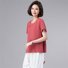 夏季刺绣短袖雪纺衫女2022年新款中年妈妈薄款小衫小个子复古上衣，女装蕾丝衫/雪纺衫，奕阳依阁