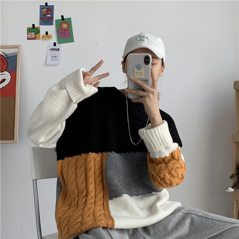 秋冬韩版慵懒风拼接情侣毛衣宽松潮流套头ins个性针织衫T812-P75,男装针织衫/毛衣,星座1501