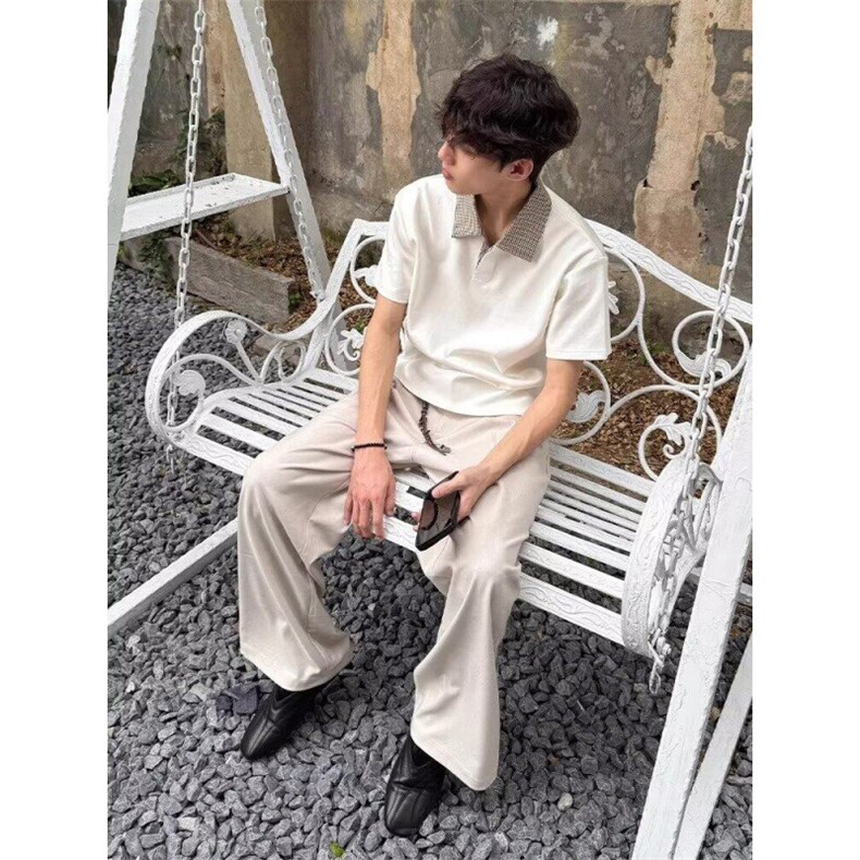 夏季千鸟格拼接boxy短宽老钱风polo领软糯冰感抗皱空气层短袖t恤,男装T恤,星座506A