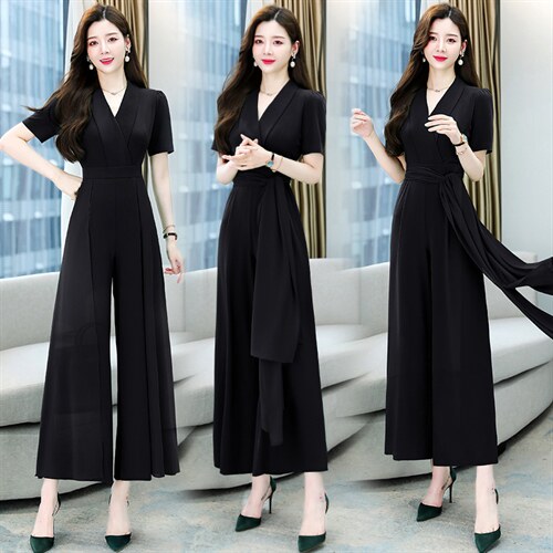 职业连体裤女2024夏季新款时尚高端名媛气质女神范收腰显瘦阔腿裤，女装连体裤，卡杰菲