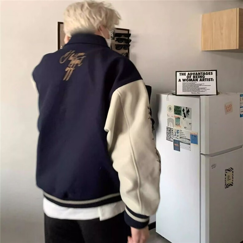 网图高质量刺绣呢料夹克廓形飞行员棒球服外套XY18010-P68夹棉80,男装夹克,电商A025