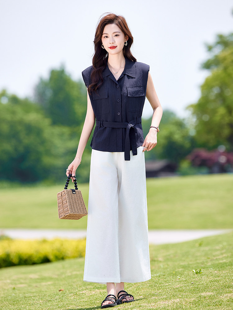 高级感时尚套装女气质无袖衬衫夏季新款收腰显瘦阔腿裤休闲两件套,女装套装/套裙,靓衣阁