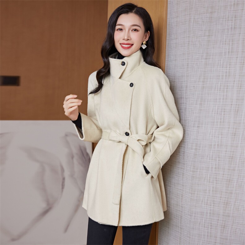 时尚显瘦系带双面羊毛呢大衣女外套气质百搭修身长款风衣,女装双面呢大衣,阿舍尔精品