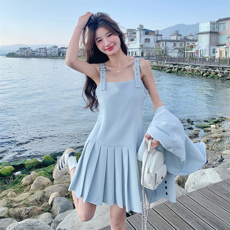 海军领短外套吊带连衣裙两件套女2025春季新款学院风小个子百褶裙,女装套装/套裙,2C110