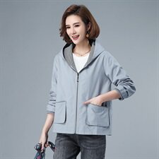 女士纯棉短款外套2021春秋季新款韩版时尚连帽拉链全棉上衣妈妈装，女装短外套，伊满意