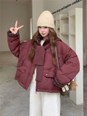 现货新款韩版宽松立领撞色格子袖口羽绒服短款外套面包服，女装羽绒服，韩然一族