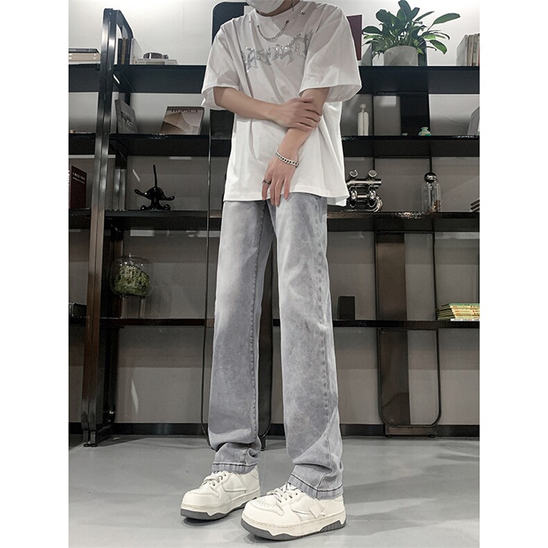 现货大码高品质微喇弹力烟灰水泥色直筒牛仔裤K5800-P55控78,男装牛仔裤,星座205