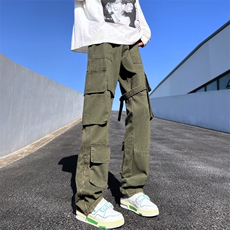 新款高街机能重工做旧口袋绑带长裤宽松直筒工装裤K073-P60，男装休闲裤，星座308B-1