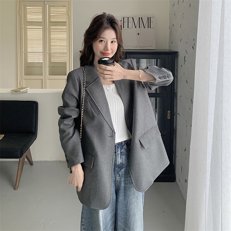 灰色休闲西装外套女2025春季新款韩系高级感宽松显瘦通勤时尚西服,女装西装,秋水欣儿