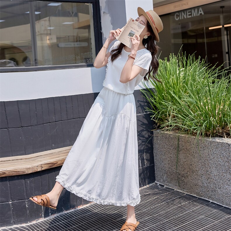 BAO款法式褶皱木耳花边飞飞袖麻料衬衣小个子小衫半身裙两件套，女装套装/套裙，潮流依族