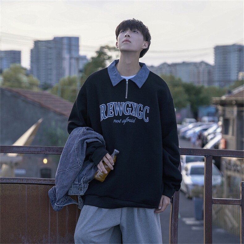 W676-P60 控78 50%棉50%聚酯纤维 半拉链牛仔领POLO衫卫衣男图片