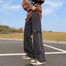 2023春秋款设计感拉链开叉拼接牛仔裤男高街阔腿直筒裤K2846-P45，男装牛仔裤，星座1703A