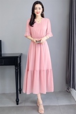 连衣裙中长款2021年夏季简约件常规短袖，女装连衣裙，三木叶子
