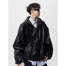 连帽皮衣外套男秋cleanfit痞帅高级感廓形宽松PU皮夹克JK226P75，男装皮衣，星座1013-1