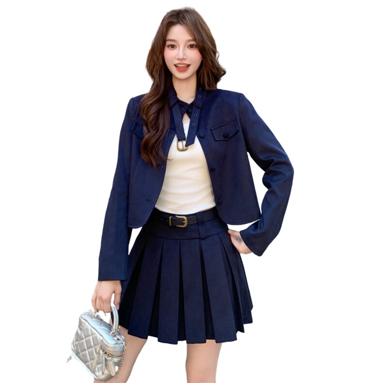 藏青色学院风套装裙女2025秋季新款气质休闲短外套百褶短裙两件套,女装套装/套裙,2C012