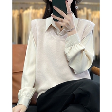 时尚百搭紫色无袖针织背心女秋冬季新款宽松显瘦毛衣外套上衣，女装马甲，绒汀羊绒