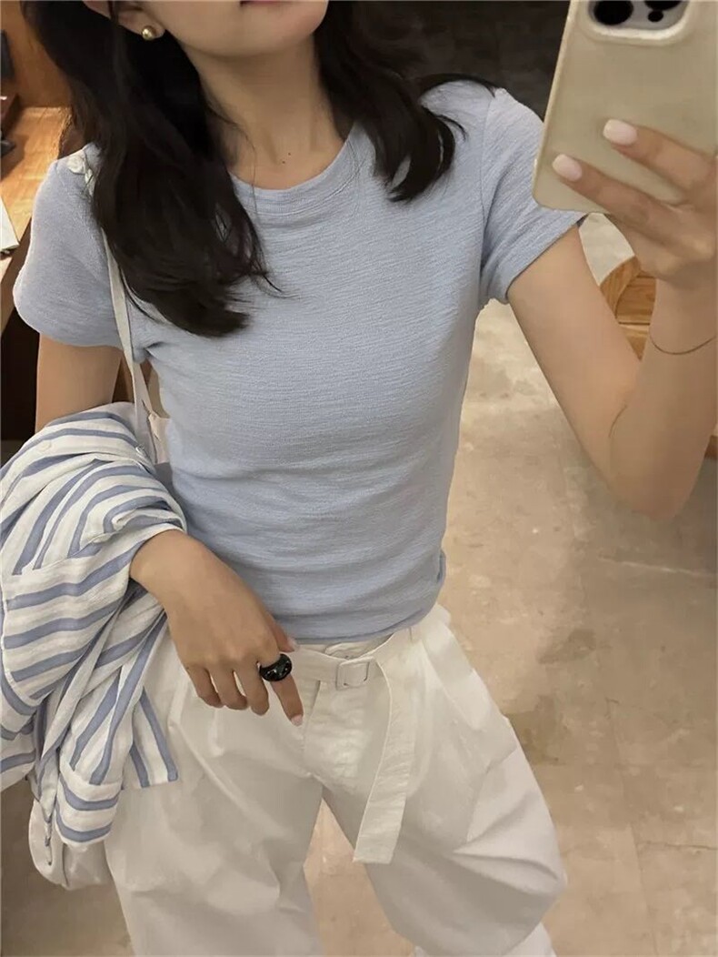 2025时尚百搭egg贝壳韩系粗棉正肩T,女装T恤,湘姗