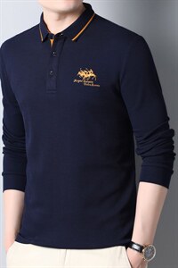 高端男士打底衫Polo衫2023新款长袖t恤男秋季纯棉翻领中年春秋装图片