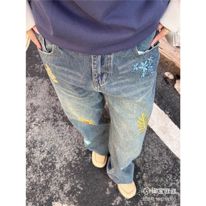 美式复古花朵刺绣牛仔裤男女宽松百搭情侣直筒休闲长裤WL8400-P49图片