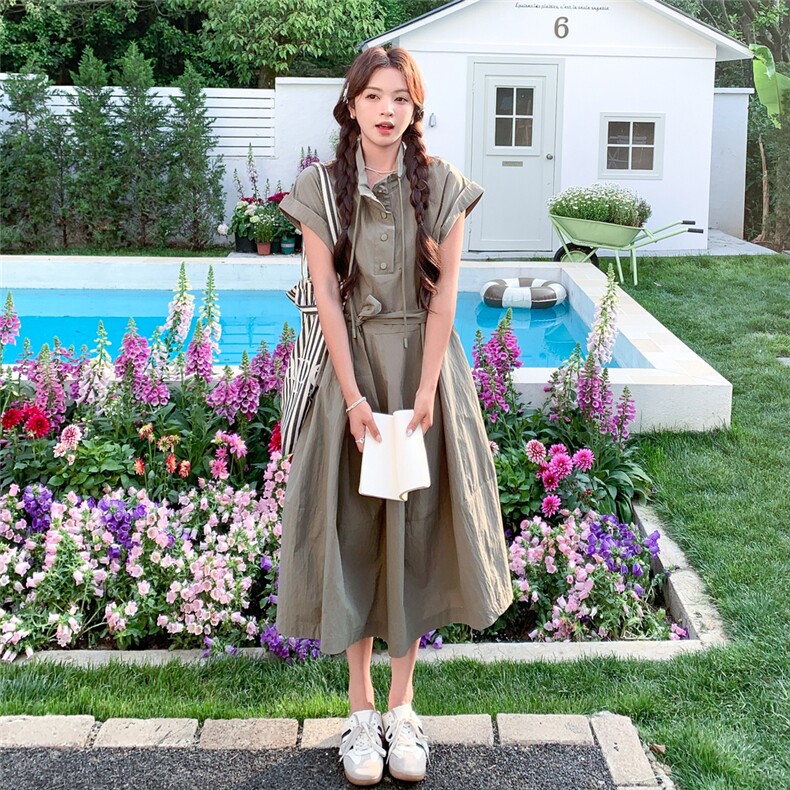 可盐可甜工装风绿色连衣裙女2025年夏季新款设计感收腰显瘦A字裙,女装连衣裙,2D014