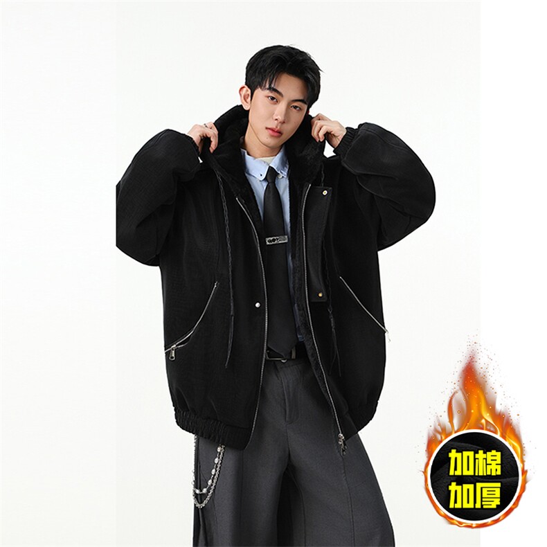 现货高品质美式高街重磅座山雕连帽pu皮棉衣男女加厚毛毛绒冬外套，男装皮衣，电商A486