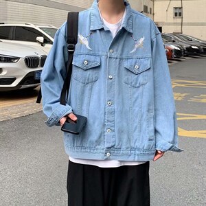 复古做旧刺绣仙鹤牛仔外套男秋bf百搭宽松工装情侣外套 W1086-P50图片