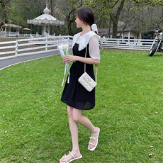 韩版学院风拼色连衣裙女2024夏季新款大尖领设计收腰气质感裙子,女装连衣裙,唯依ONLY, 韩版学院风拼色连衣裙女2024夏季新款大尖领设计收腰气质感裙子,女装连衣裙,唯依ONLY,