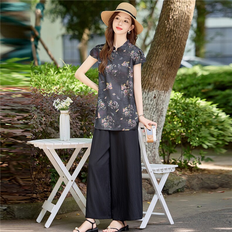 新中式国风套装女2025夏新款气质巨好看的高级感阔腿裤穿搭一整套,女装套装/套裙,润尚靓点