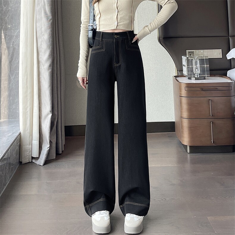 丹宁深蓝色宽松阔腿牛仔裤女新款垂感慵懒休闲直筒拖地长裤,女装休闲裤,云美莎专业女裤-全店现货