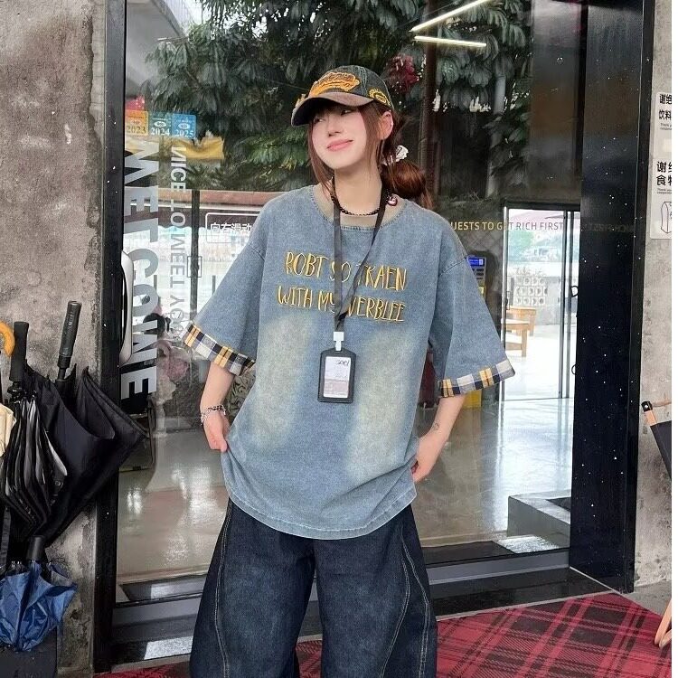 字母刺绣牛仔短袖T恤女夏季美式高街做旧格子拼接设计感新款,男装T恤,星座506A