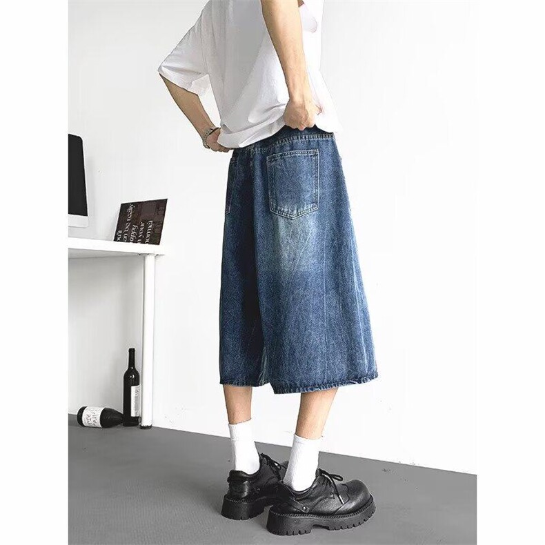 美式闪电纹七分牛仔裤男2025新款潮宽松短裤阔腿7分裤RK2874-P43,男装牛仔裤,星座412-3