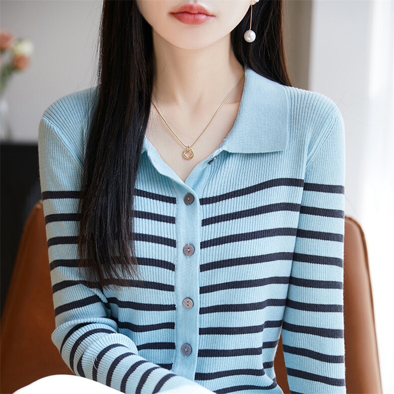 POLO领拼色条纹精纺羊毛开衫女撞色坑条长袖外套宽松毛衣针织上衣,针织衫/毛衣,暖烁特种纱工厂店