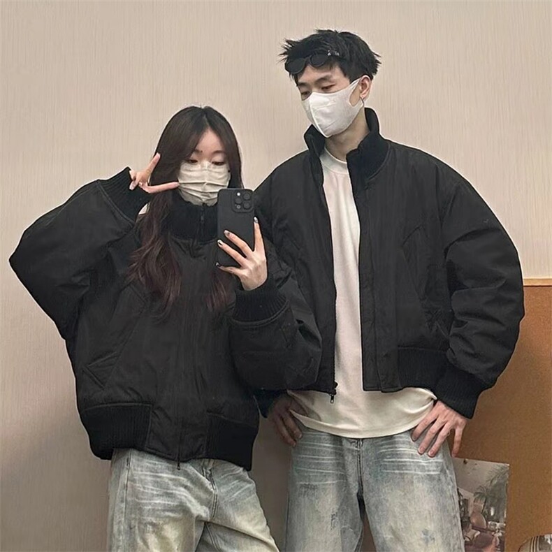 抖音得物 美式潮休闲夹克春季立领纯色复古工装加厚棉服外套MF01图片