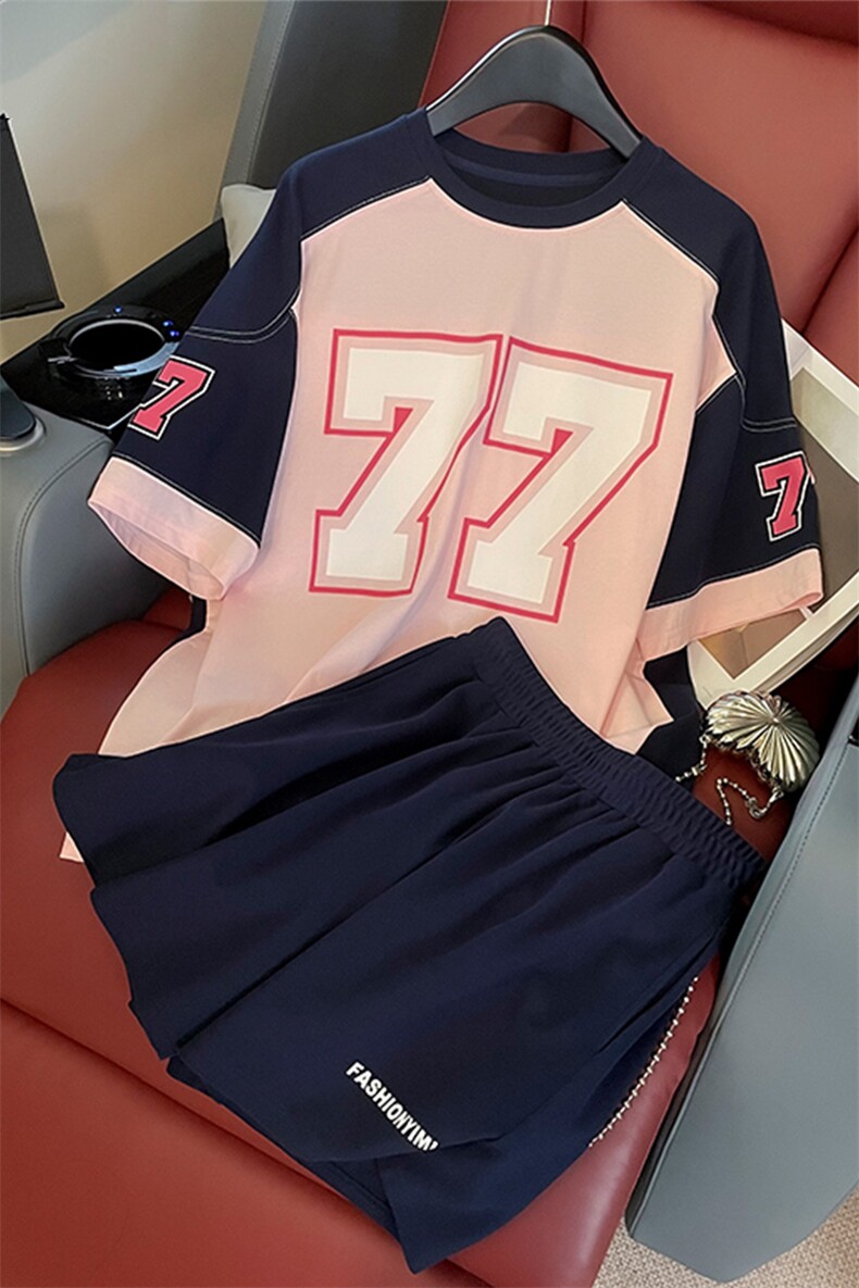 宽松减龄字母印花短袖T恤阔腿短裤两件套,女装套装/套裙,江南