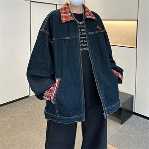 美式复古潮牌格子翻领牛仔外套男女同款春秋季情侣款工装夹克上衣图片