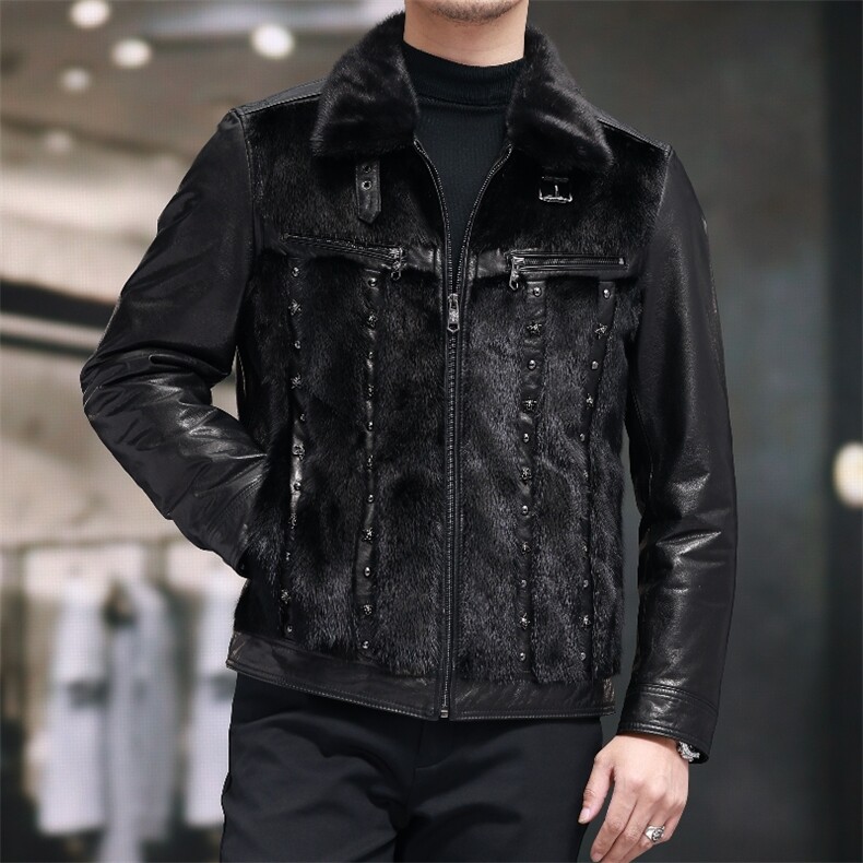 BIJ2503冬季新款海宁真皮羽绒服男夹克翻领时尚男装机车油蜡皮衣,男装夹克,电商B360