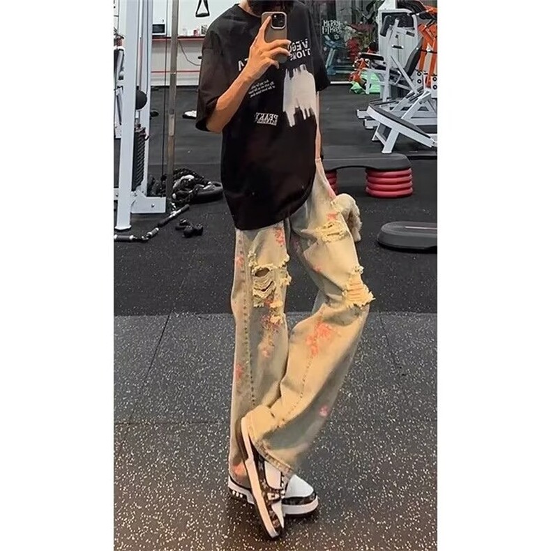 美式高街蕾丝贴布拼接牛仔裤男女宽松裤子显高休闲长裤NZ122-P48,男装牛仔裤,星座308B-2