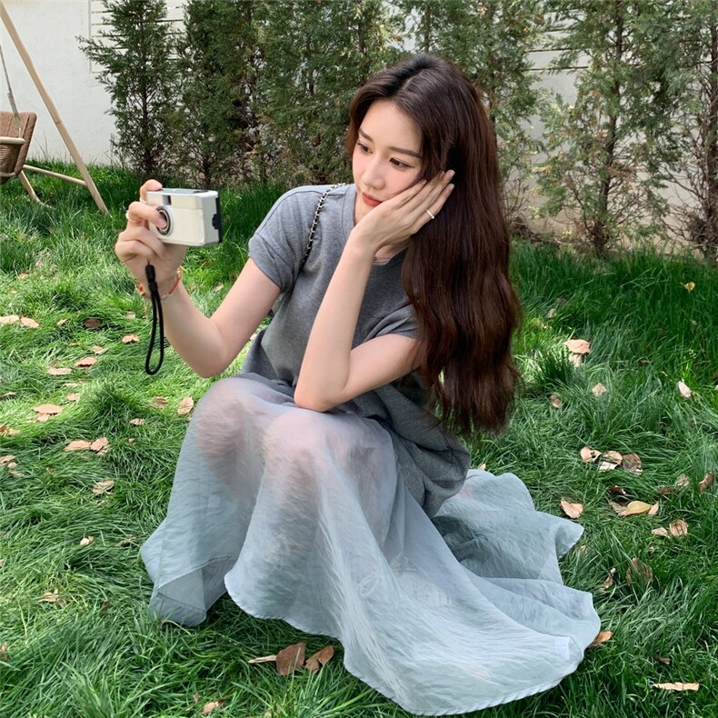 韩系灰色网纱拼接宽松连衣裙女2025夏新款时尚百搭高级感长裙女潮,女装连衣裙,2C258