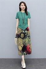 2021新款女夏装圆领针织上衣花色长裙套装套裙，女装套装/套裙，施恩睿棋