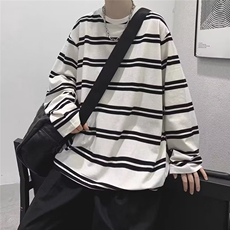 条纹长袖t恤男秋季百搭宽松潮流ins港风情侣装圆领打底衫上衣，男装T恤，星座1210-1