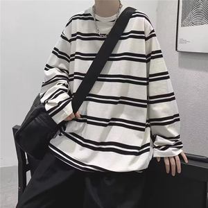 条纹长袖t恤男秋季百搭宽松潮流ins港风情侣装圆领打底衫上衣图片