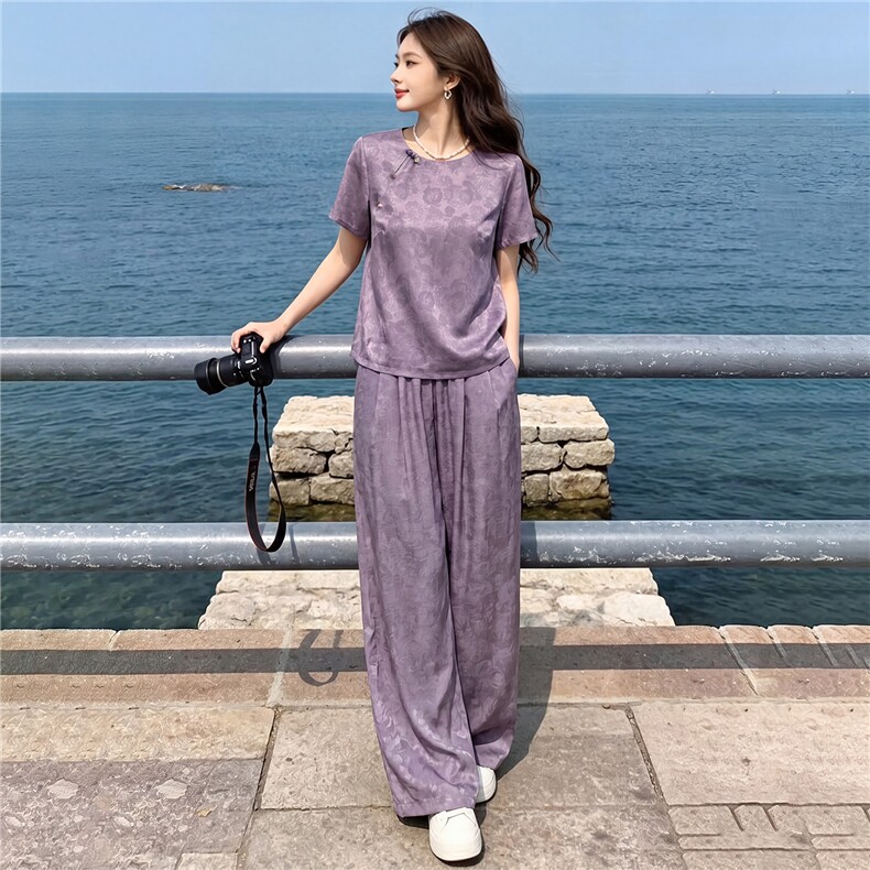 新中式气质减龄套装女夏款气质显瘦刺绣印花上衣阔腿长裤两件套,女装套装/套裙,江南