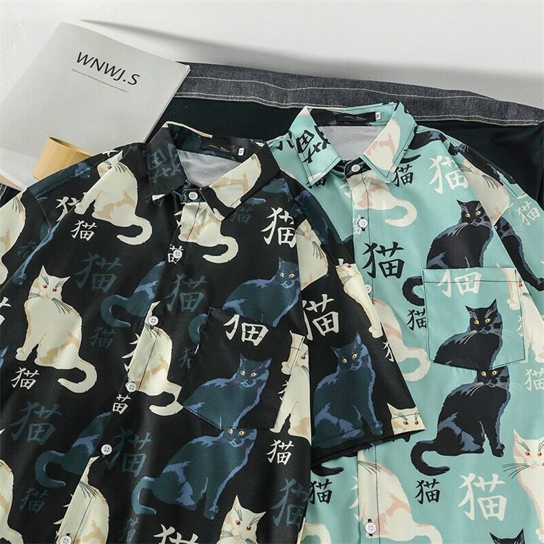 日系印花猫衬衫男夏季潮牌帅气宽松短袖衬衣青少年网红休闲薄外套,男装衬衫,星座506B