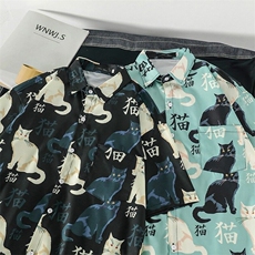 日系印花猫衬衫男夏季潮牌帅气宽松短袖衬衣青少年网红休闲薄外套，男装衬衫，星座506B