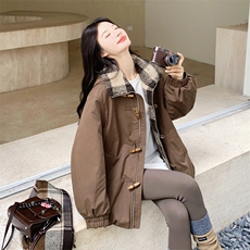 咖色拼接派克服女冬季2025新款韩系小个子高级感加厚工装棉服外套，女装棉衣/棉服，2C158