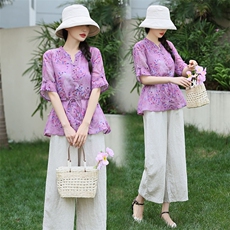 高端苎麻上衣+亚麻裤子2024新款夏装中年妈妈棉麻女装，女装大码女装，凝聚力