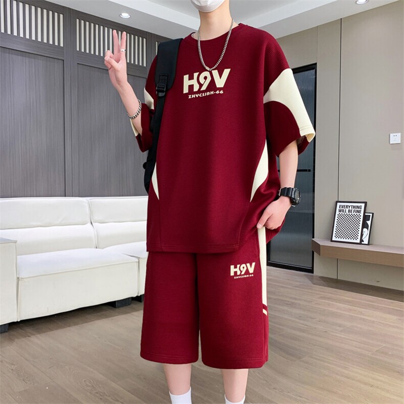 港风套装男休闲宽松时尚拼接色圆领短袖T恤短裤两件套-TZ1718-P57,男装牛仔裤,星座310B