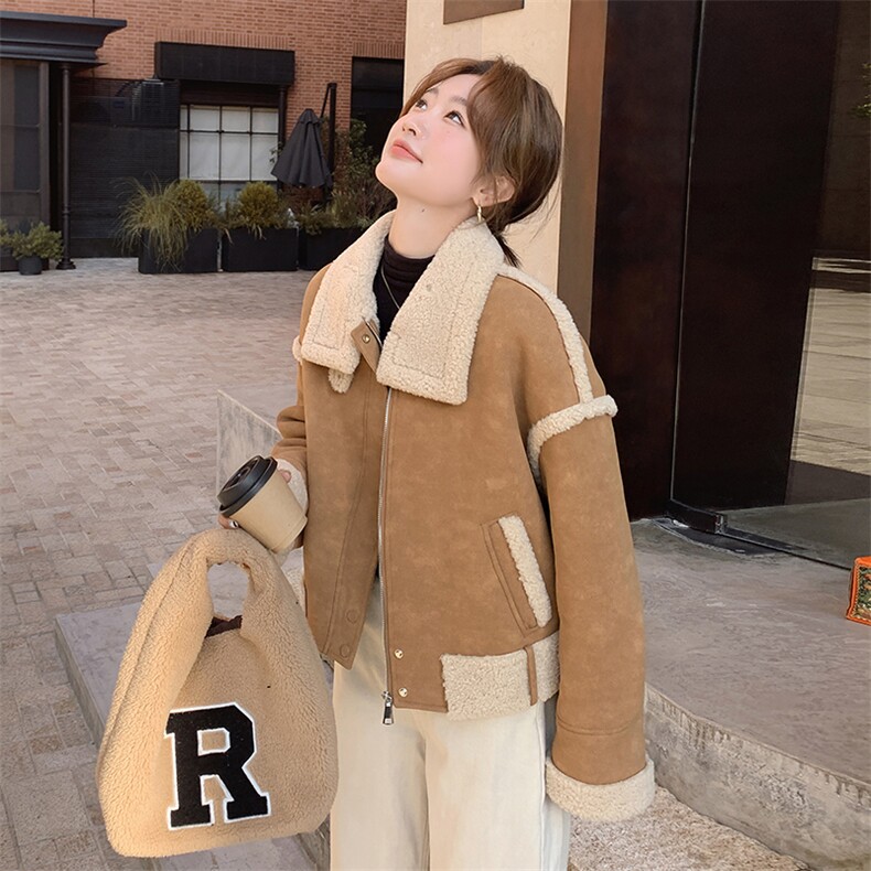 独特超好看皮毛一体羊羔毛外套女秋冬2024新款加绒机车服夹克上衣，女装羊羔毛/颗粒绒，浙宝069